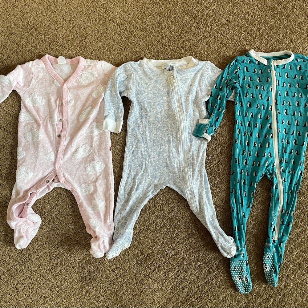 Lot of 3 footie pajamas, EUC, Kickee Pamts, Baby Gap, Feather Baby Pima 6-9MO